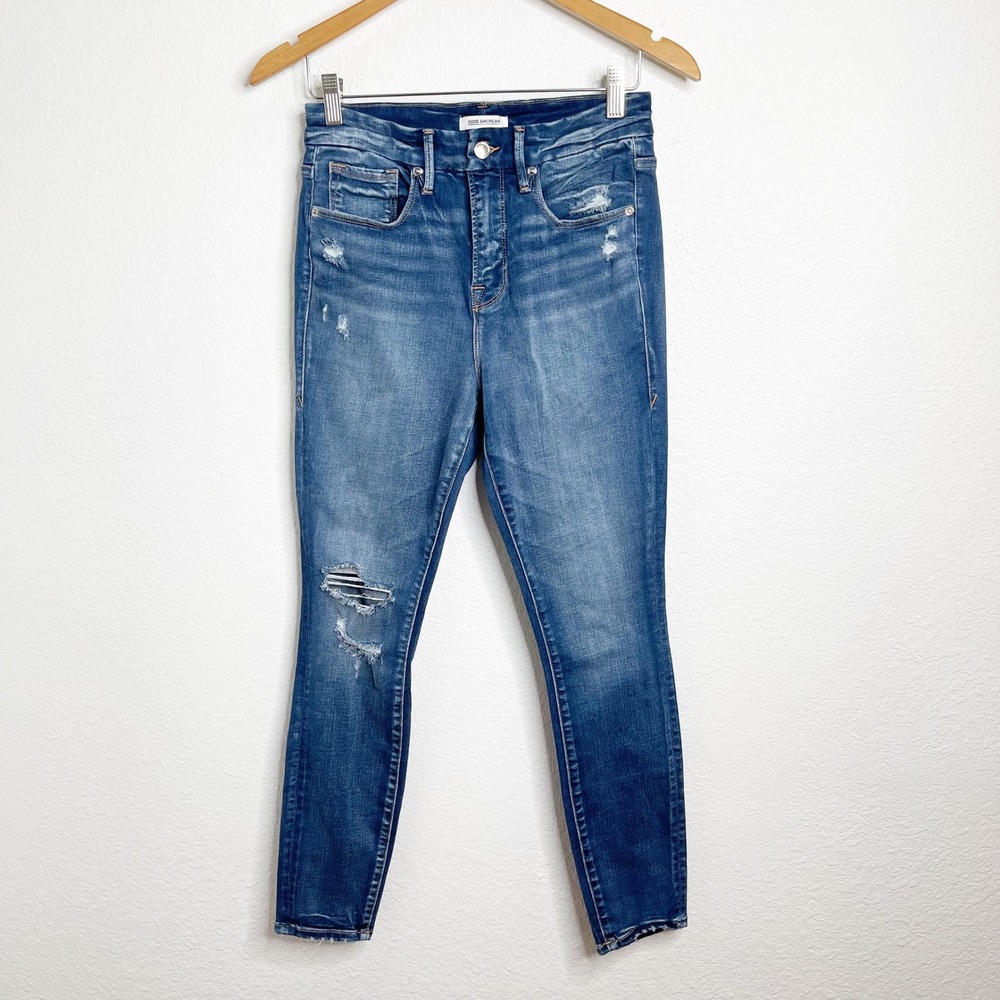 Good American Good Legs Crop Distressed High Rise Skinny Jeans Blue Size 6/28